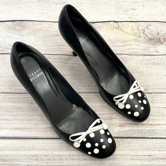 STUART WEITZMAN | Polka Dot Bow Detail Closed Toe Heels 7.5 Black/White - Picture 1 of 8